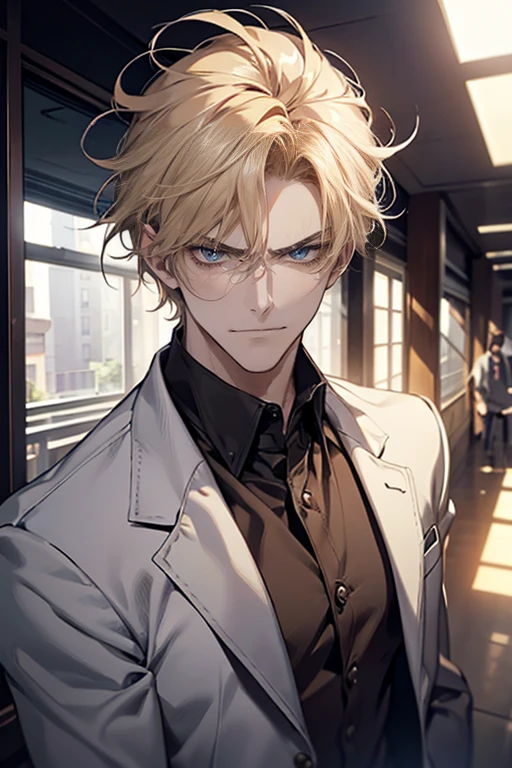 (tmasterpiece, high resolution, ultra - detailed:1.0), (1 boy, Young male, masculine face), Perfect male body, tall and strong, Adult male, Delicate eyes and delicate face, Extremely detailed CG, Unity 8k wallpaper, Complicated details, Detailed face, (blond hair, messy hair, serious faces, white shirts,Bad students), (frown,evil smile:1.3), stad in school corridor, street style, color difference, Depth of field, dramatic shadow, Ray tracing, Best quality, Cinematic lighting, offcial art,Portrait