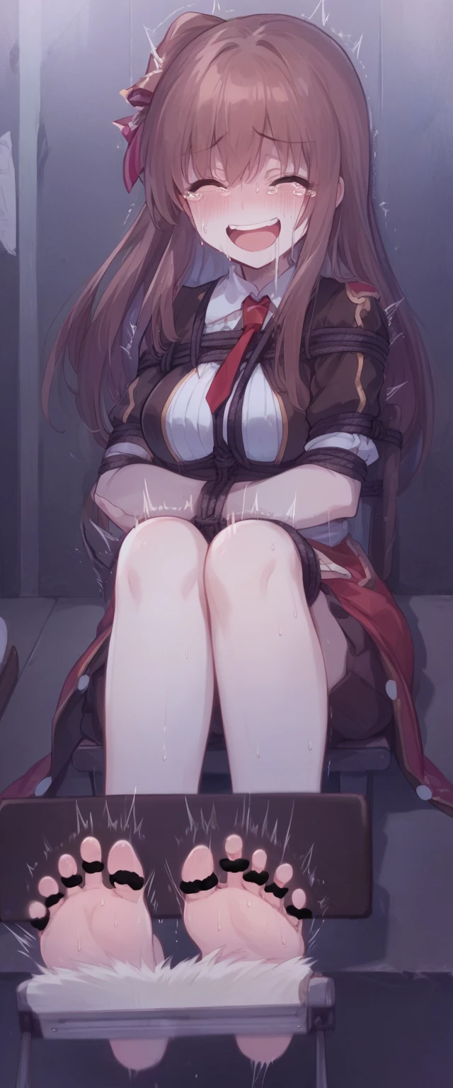 an extremely delicate and beautiful girl with her feet up,her foot sticking out,girl sitting on a chair,(laughing:1.4),(big mouth:1.1),open mouth,happy,((extremely delicate and shiny feet)),((black ropes tied toes)),(frown:1.3),crazy smile,(pain face:1.2),blush,tears,sweat,(Roller brush),(foot tickling),Roller brush在女孩的脚上旋转,feet stock,((trembling)),bondage,(((masterpiece))), (((best quality))), (official art), ((extremely detailed CG unity 8k wallpaper)), (Best character details), ((ultra-detailed)), (illustration), (dynamic angle),