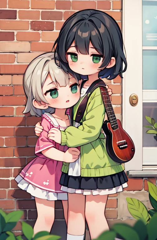 two little girls playing guitars in front of a colorful brick wall, one in a green dress black stort hair and the other in a pink dress, black short hair
