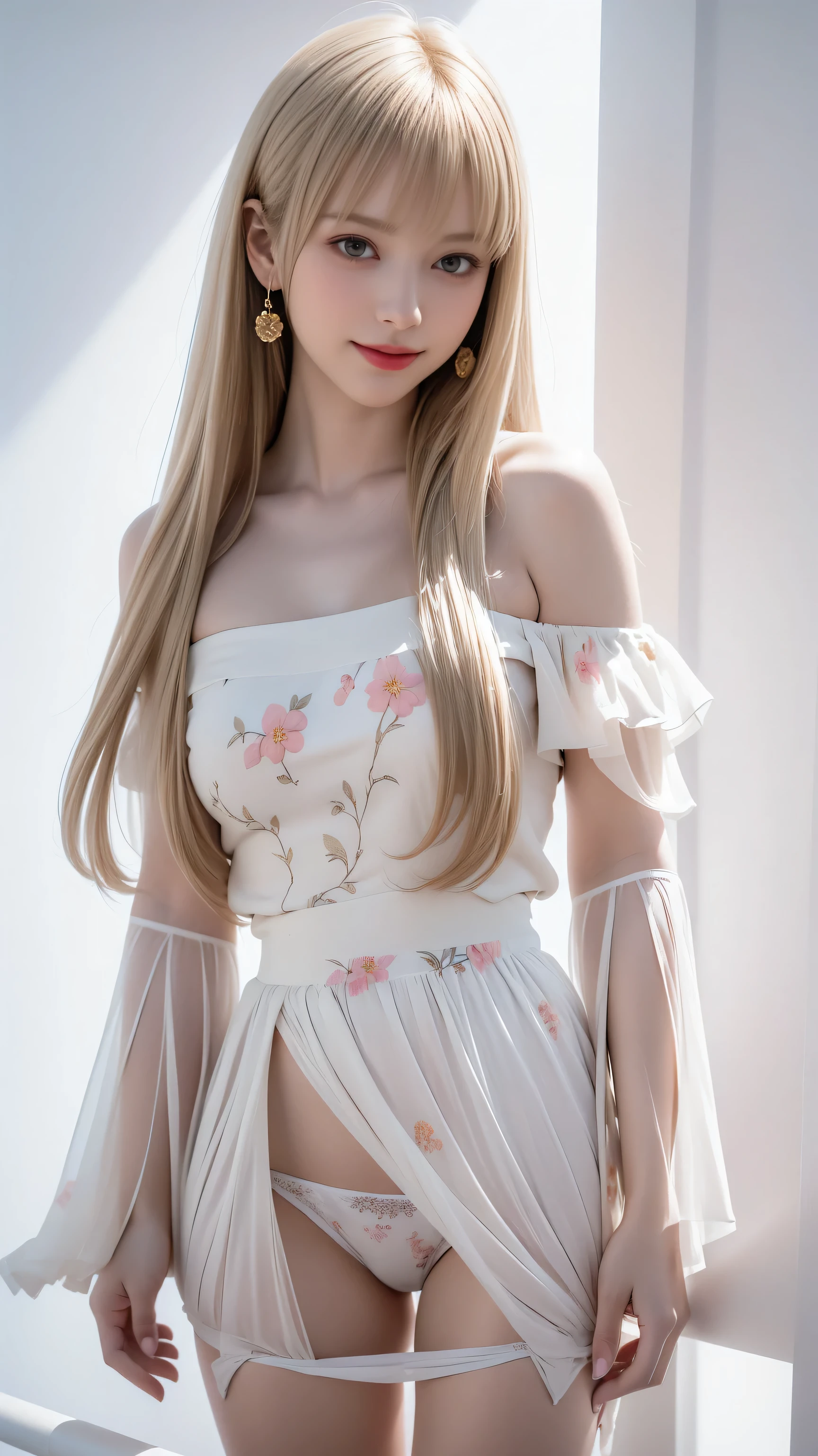((Woman Standing On Balcony Of Old Castle))、Highest quality works、Actual work、Ultra Premium Graphics、8K HD CG Works、High Quality Graphics、High-definition CG works、10x pixels、Ultra-fine detail:1. 1、High technical level:1.1 PhotoReal、Natural light:1. 5、Light Effects(Virtual Light Effects:1.8)、((Straight Van、Princess Van))、((Very Heavy、Volume Bang:1.1)、((Very Long、Very Heavy、Very Volume Side Lock:1. 1)、Hime cut、Straight bangs、Round face ugly bangs、Ugly long bangs、Bangs straight、(masterpiece、Highest quality:1.5)、(Ultra Fine 8K CG:1.4)、(Hyperreal:1.25)、(Real:1.1. 4)、((Golden white hair))、Thin eyebrows、High nose、Nice red lips、Rosy Cheeks、Delicate makeup face、Cute face、Perfectly balanced face、()、A light-toned foundation enhances the clarity of your skin.。 ((Off-the-shoulder translucent white floral pattern dress))、((My skirt is flying up in the wind))、 ((I can see her white panties)), 40k、photograph、、Highest quality、(1. Beautiful eyes、Light Hair、White skin、Mr. Miss.々Pose、((Medium chest、:1.1))、Highest quality、Tabletop、Ultra-high resolution、(Real:1.4)、RAWphotograph、(Perfect Figure)、(slim、:1.3)。 3)、Slim abdomen、over((Golden-haired woman)),((Straight bangs、Princess bangs)),((Very heavy、Very voluminous bangs:1.1)),((Very long、Very heavy、Very voluminous side locks:1. 1))、Hime cut、Straight bangsヘアスタイル、Long Hair、The bangs are cut straight、(masterpiece、Highest quality:1. 5), (Ultra-fine 8K CG:1.4), (Hyperrealistic:1.25), (Photorealistic:1.25), (Real:1.4), COWBOY SHOT, (View from above:1.35), (from the front:1.4), (smile:1.3)、。 1 Japan Beautiful Girl、19 years old、Supermodel、Japanese Idols、(smile)、(Medium sized chest)、Sweat Muscles、 (Lying on your back 1.1), (Full Body Shot), ((Floral panties are visible on a white background))、8K、Highest quality、Highest quality、beautiful、Charm、Captivating appearance、blue eyes、Light Skin Tone)((Dynamic Pose))、((Sexy pose))、((Raise your arms、Underarm))、
