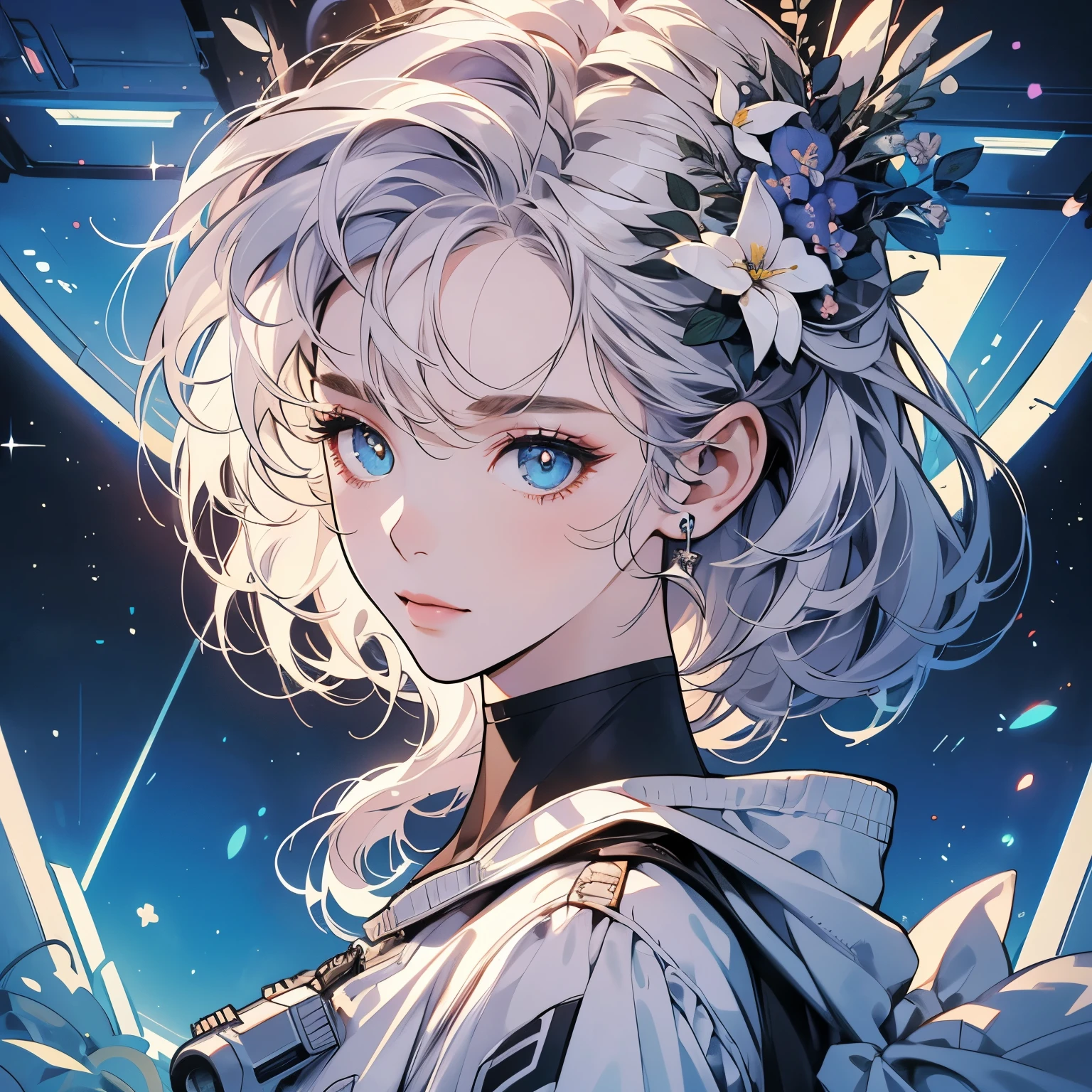 One beautiful woman, inside a spaceship, perfect machine, spacesuit, looking at camera, perfect face, zero gravity, outer space, lots of wires, switchboard, perfect and detailed machine, robot, detailed hair, (((Various angles))), cockpit, upper body shot, most beautiful woman alive, head shot , Super detailed background, top quality, Unique and beautiful eyes, Various unique hairstyles, Ghost in the Shell, Long shot, Panorama, (((Various eye color))), Various hair color, sparkling eyes,Outer space in the background, Unique and perfect face, earphone, (((Flower hair ornament))), shoot from above, Pale Lighting