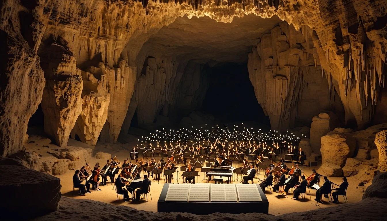 musical scores in 3d, inside a cave
