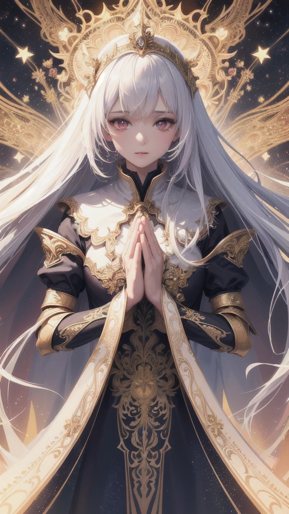 (masterpiece, top quality, best quality, official art, beautiful and aesthetic:1.2), (1girl), extreme detailed, (fractal art:1.3), colorful, highest detailed, perfect face, upper body, HDR, (praying:1.3), (white cloak golden lines:1.2), galaxy, (light streaks), striking visuals, (dynamic streaks, luminous trails:1.2), vibrant colors, pink eyes, long and white hair