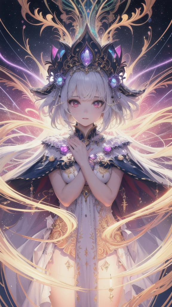 (masterpiece, top quality, best quality, official art, beautiful and aesthetic:1.2), (1girl), extreme detailed, (fractal art:1.3), colorful, highest detailed, perfect face, upper body, HDR, (praying:1.3), (white cloak golden lines:1.2), galaxy, (light streaks), striking visuals, (dynamic streaks, luminous trails:1.2), vibrant colors, pink eyes, long and white hair