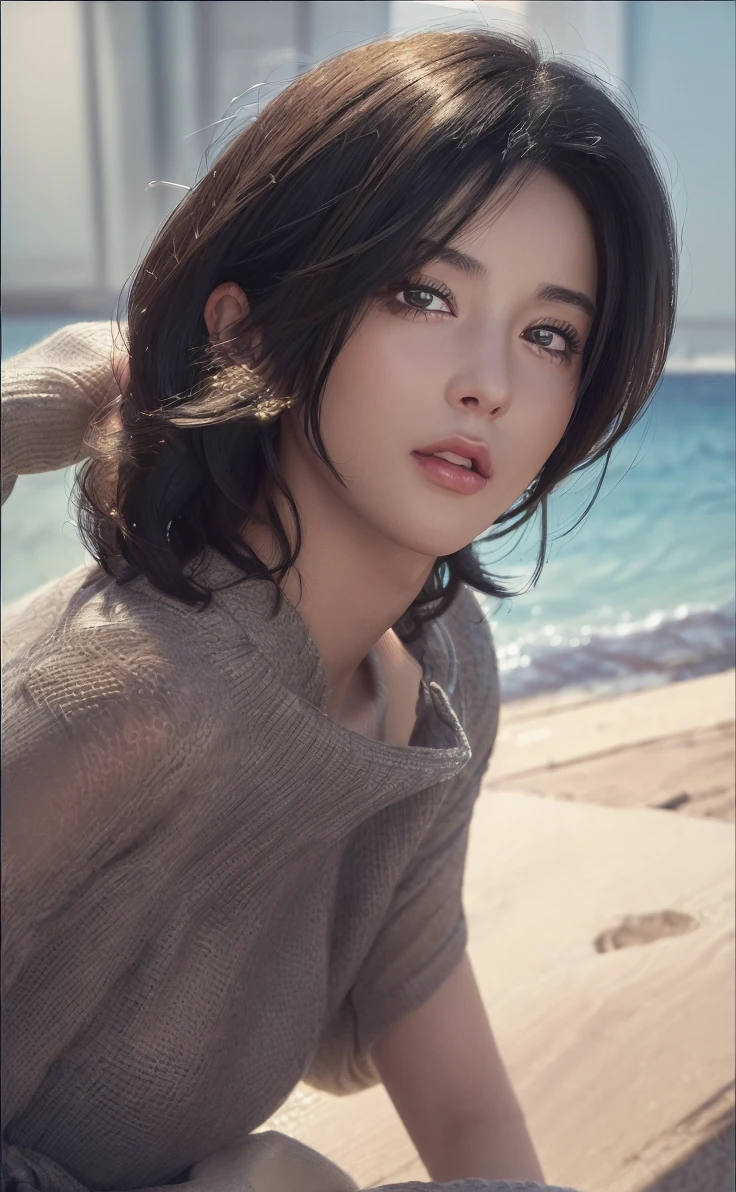 (masterpiece:1.3), (8k, photorealistic, RAW photo, best quality: 1.4), (1girl), beautiful face, (realistic face), (black hair, short hair:1.3), beautiful hairstyle, realistic eyes, beautiful detailed eyes, (realistic skin), beautiful skin, (sweater), absurdres, attractive, ultra high res, ultra realistic, highly detailed, golden ratio