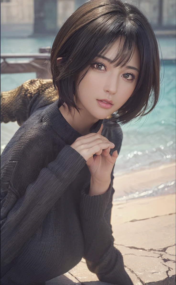 (masterpiece:1.3), (8k, photorealistic, RAW photo, best quality: 1.4), (1girl), beautiful face, (realistic face), (black hair, short hair:1.3), beautiful hairstyle, realistic eyes, beautiful detailed eyes, (realistic skin), beautiful skin, (sweater), absurdres, attractive, ultra high res, ultra realistic, highly detailed, golden ratio