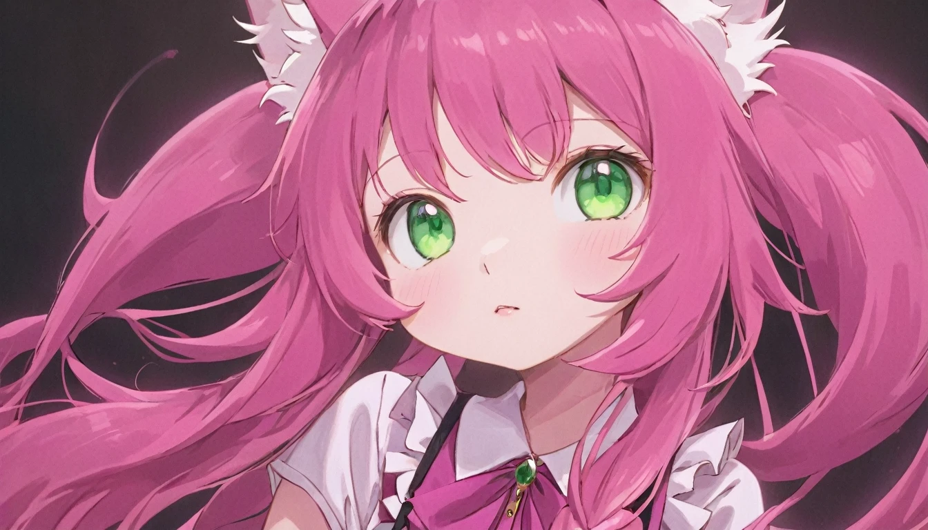 A little and cute pink and white kitsune with emerald green eyes, wearing girl's clothing, long ears and multiple pink tails, detailed portrait, beautiful face, photorealistic, high detail, vibrant colors, soft lighting, cinematic composition