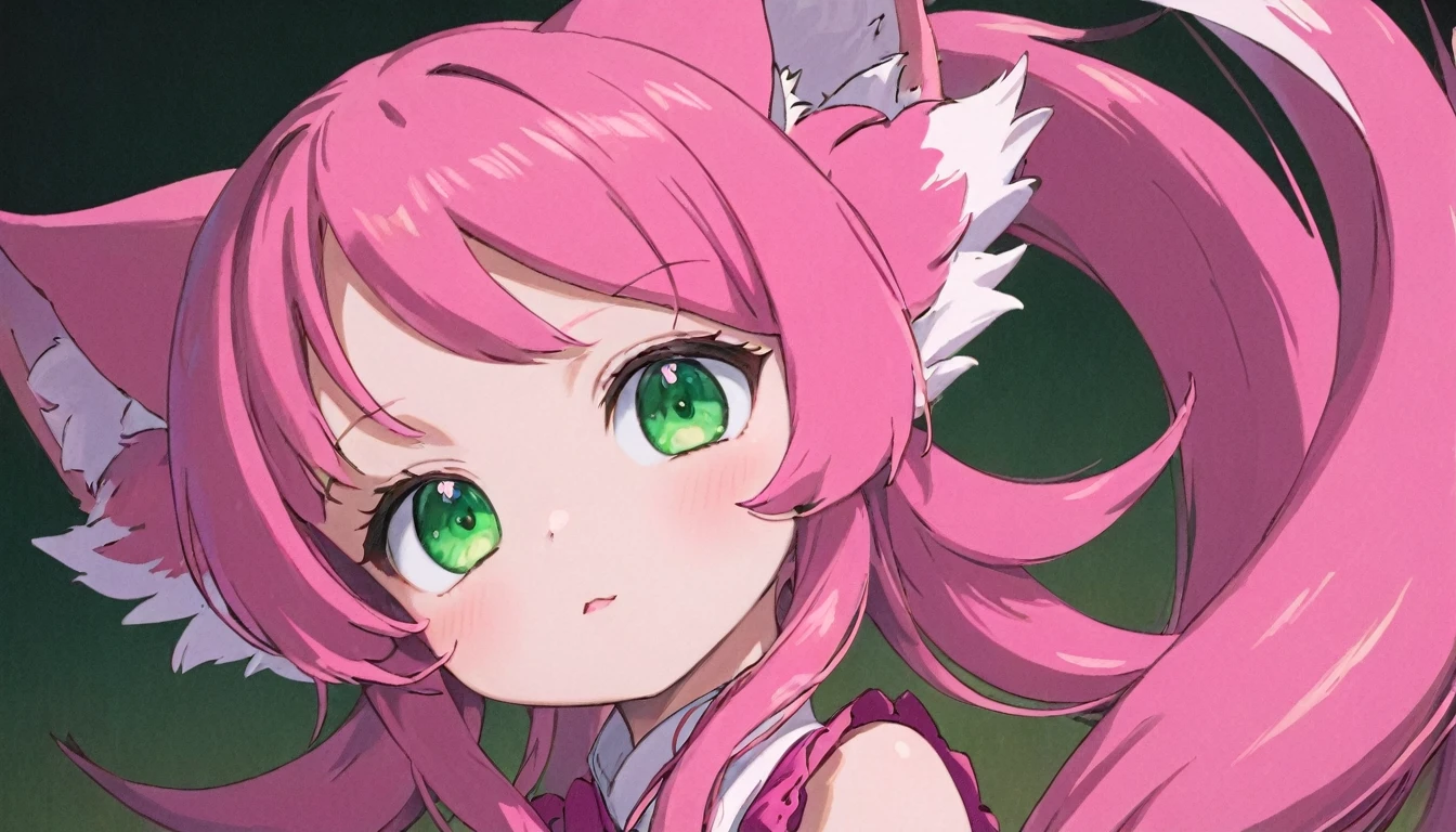 A and cute pink and white kitsune with emerald green eyes, wearing girl's clothing, long ears and multiple pink tails, detailed portrait, beautiful face, photorealistic, high detail, vibrant colors, soft lighting, cinematic composition
