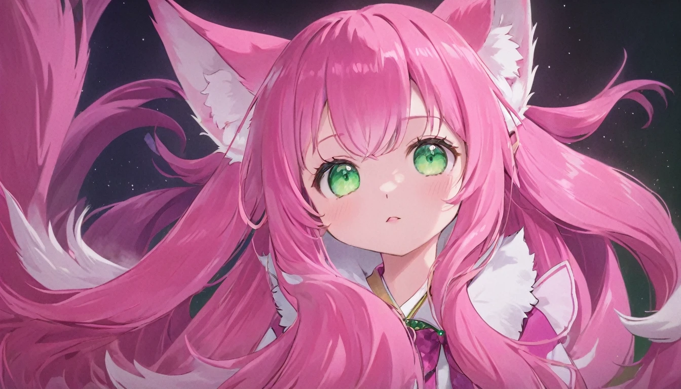 A little and cute pink and white kitsune with emerald green eyes, wearing girl's clothing, long ears and multiple pink tails, detailed portrait, beautiful face, photorealistic, high detail, vibrant colors, soft lighting, cinematic composition