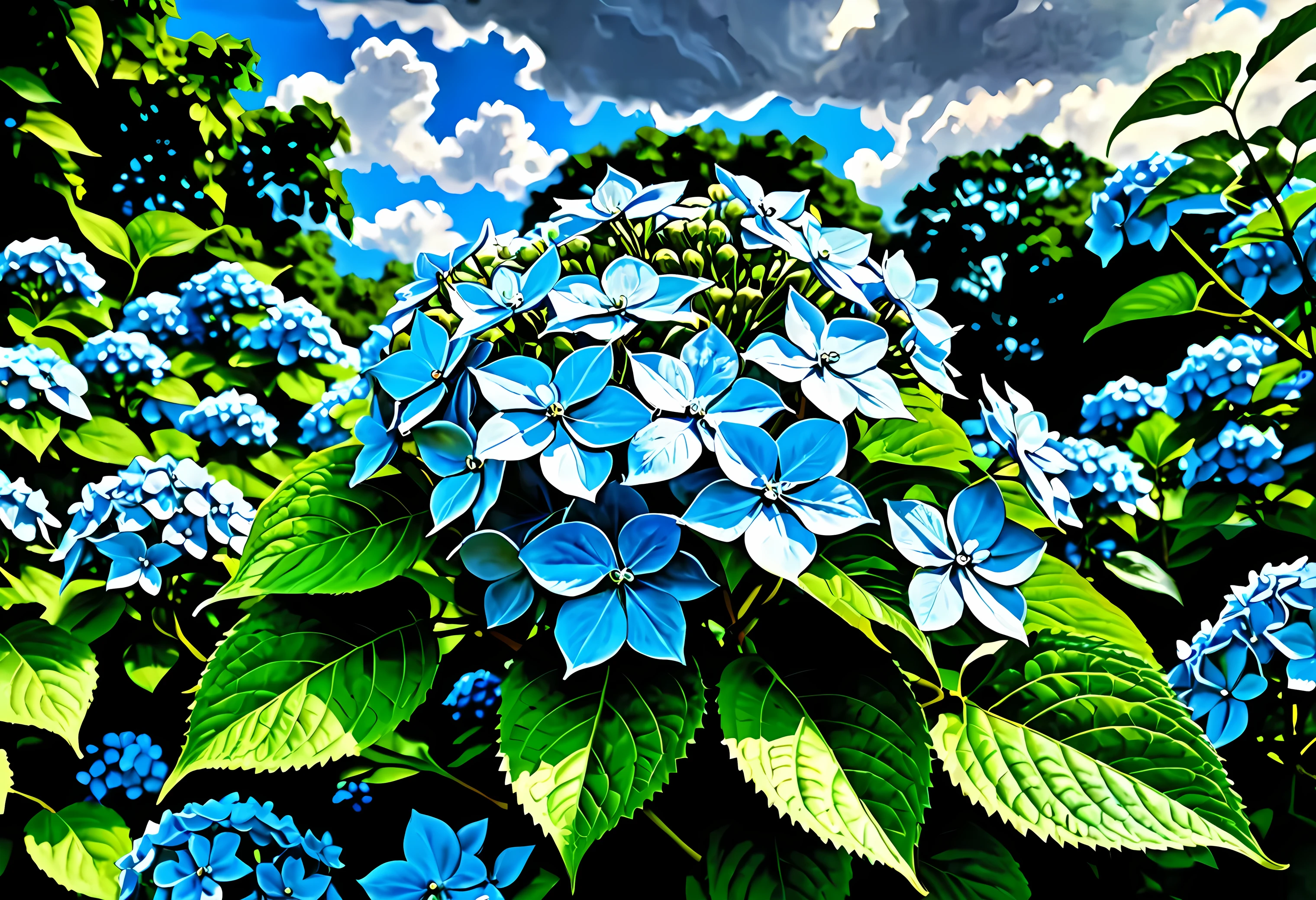 (masterpiece, best-quality:1.2) , landscape art by Michael James Smith, wide shot of a Narrative Hydrangea, Hurricane, Relaxed, detailed, high-saturation, excellent composition, magic atmosphere, advanced cinematic perfect light, fantastic aesthetic, atmosphere, intricate artistic color, surreal