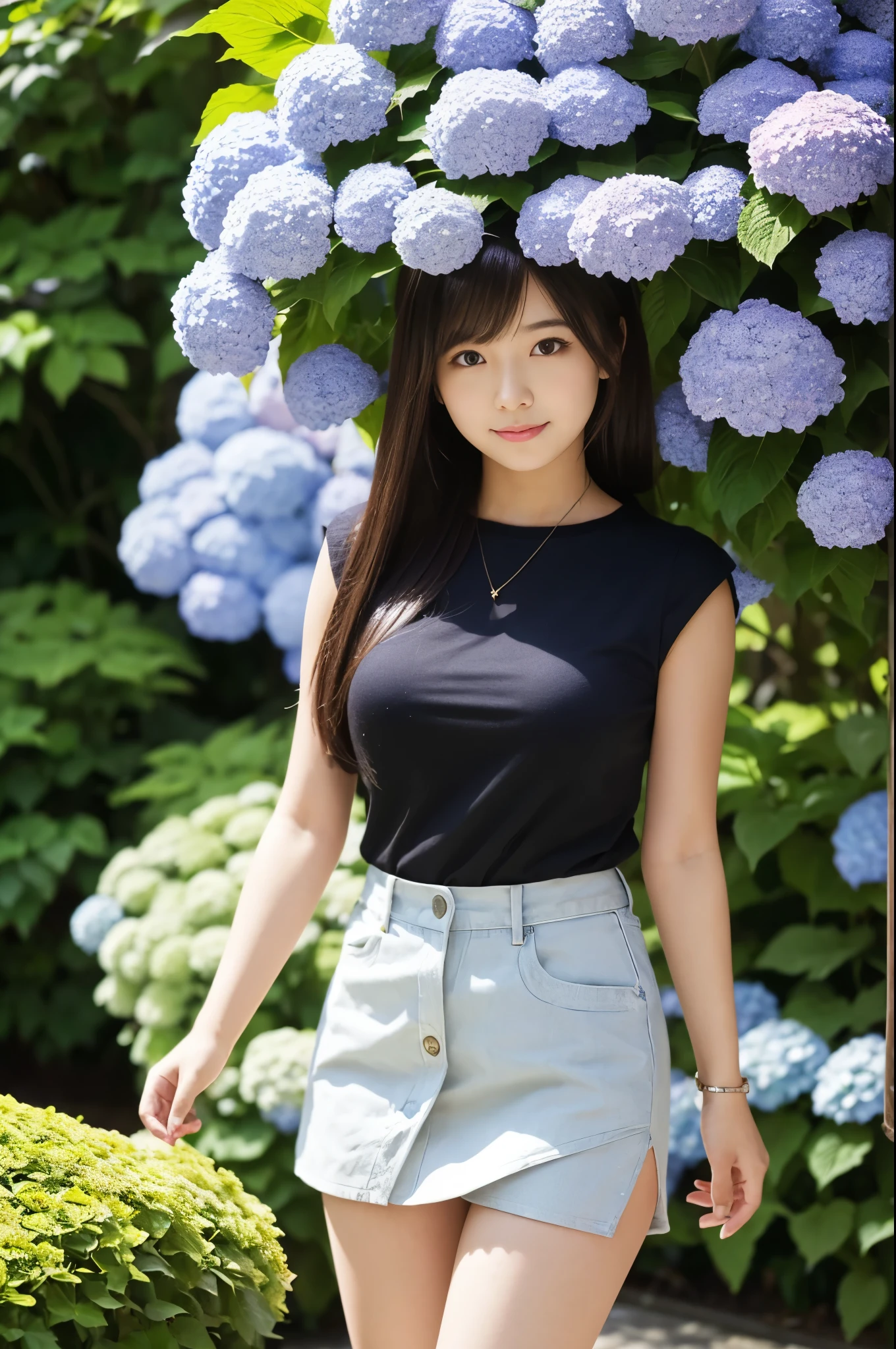A 21-year-old girl wearing a miniskirt、In the hydrangea park。