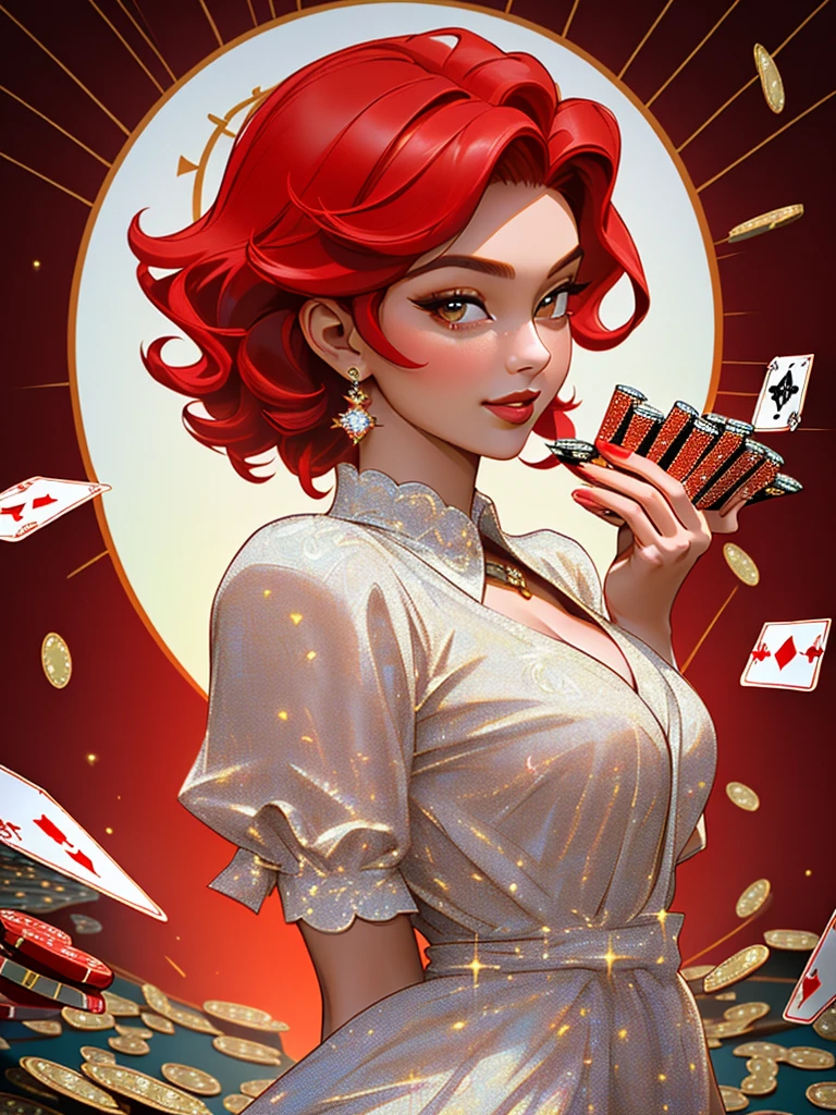 {-erro_de_anatomia:1.0} masterpiece, highest quality, (perfect face:1.1, (high detail)1.1, Em um luxuoso cassino, A stunning woman wears an exquisite dress adorned with heart symbols, embodying the royal presence of the Queen of Hearts. Surrounded by a backdrop of poker cards and chips, She exudes confidence and seduction, convidando os jogadores a testar sua sorte e habilidades no jogo de azar. short curly hair, cabelos vermelhos (red hair ) (queen of hearts), backwards, looking back, sorrindo, sorriso largo, upper body