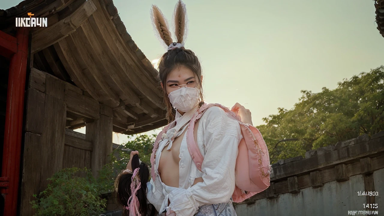 Kpop idol: 1.2, mix4, 1 Korean girl, , (light eyebrows: 1.4), shiny brown eyes, bun head, tied two braids, ancient city, Chinese temple, high mountain, beautiful detail sky, street (crowd:1.2), night, (nose blush), hanfu, happy, smile