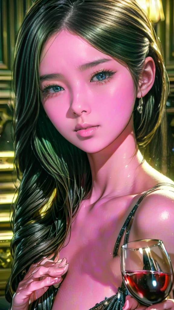 a woman in an evening dress, holding a glass of wine, seducing the surroundings, beautiful detailed eyes, beautiful detailed lips, extremely detailed eyes and face, long eyelashes, high fashion, elegant, glamorous, dramatic lighting, cinematic, moody, warm color tones, chiaroscuro, volumetric lighting, dramatic shadows, ultra-detailed, (best quality,4k,8k,highres,masterpiece:1.2),ultra-detailed,(realistic,photorealistic,photo-realistic:1.37)