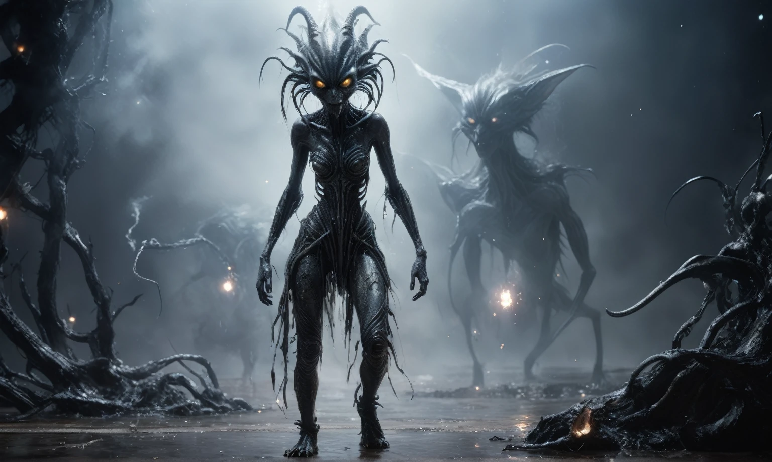 full body length,niobium goblin,native africa xenomorph,once pretty face,eyebrow up,full body shot,ominous landscape,niobium gray atmosphere,photo,photorealism,Masterpiece,natural skin textures, hyper realism,hyper detailed,High contrast,Realism,Ultra Detailed,irina yermolova,close full body shot,32K resolution,Nikon Z9, ,demonic, dust, smoke, audience, mist, featuring ultra-realistic and hyper-realistic elements,
Marta Bevacqua, Ellen Jewett, Kawacy, Katsuya Terada, Carne Griffiths, explosive lightning, sparks, concert lighting, bokeh, luminal space that feels
both bright and surreal. Includes liquid fluid elements for added depth and movement. Rendered in an unreal
engine and post-processed to achieve . Evokes a sense of dreamy, ethereal
and mystical mood,horror pixar movie still,thriller disney movie ,pixar render, animated
