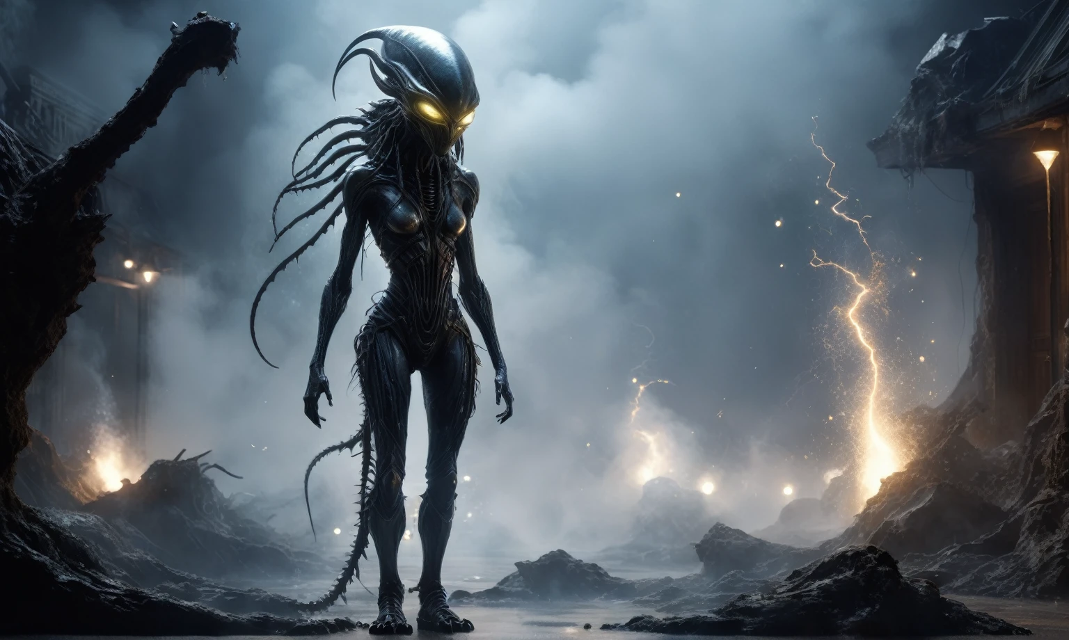 full body length,niobium goblin,native africa xenomorph,once pretty face,eyebrow up,full body shot,ominous landscape,niobium gray atmosphere,photo,photorealism,Masterpiece,natural skin textures, hyper realism,hyper detailed,High contrast,Realism,Ultra Detailed,irina yermolova,close full body shot,32K resolution,Nikon Z9, ,demonic, dust, smoke, audience, mist, featuring ultra-realistic and hyper-realistic elements,
  Marta Bevacqua, Ellen Jewett, Kawacy, Katsuya Terada, Carne Griffiths, explosive lightning, sparks, concert lighting,  bokeh,  luminal space that feels
 both bright and surreal. Includes liquid fluid elements for added depth and movement. Rendered in an unreal 
engine and post-processed to achieve . Evokes a sense of dreamy, ethereal 
and mystical mood,horror pixar movie still,thriller disney movie ,pixar render, animated 