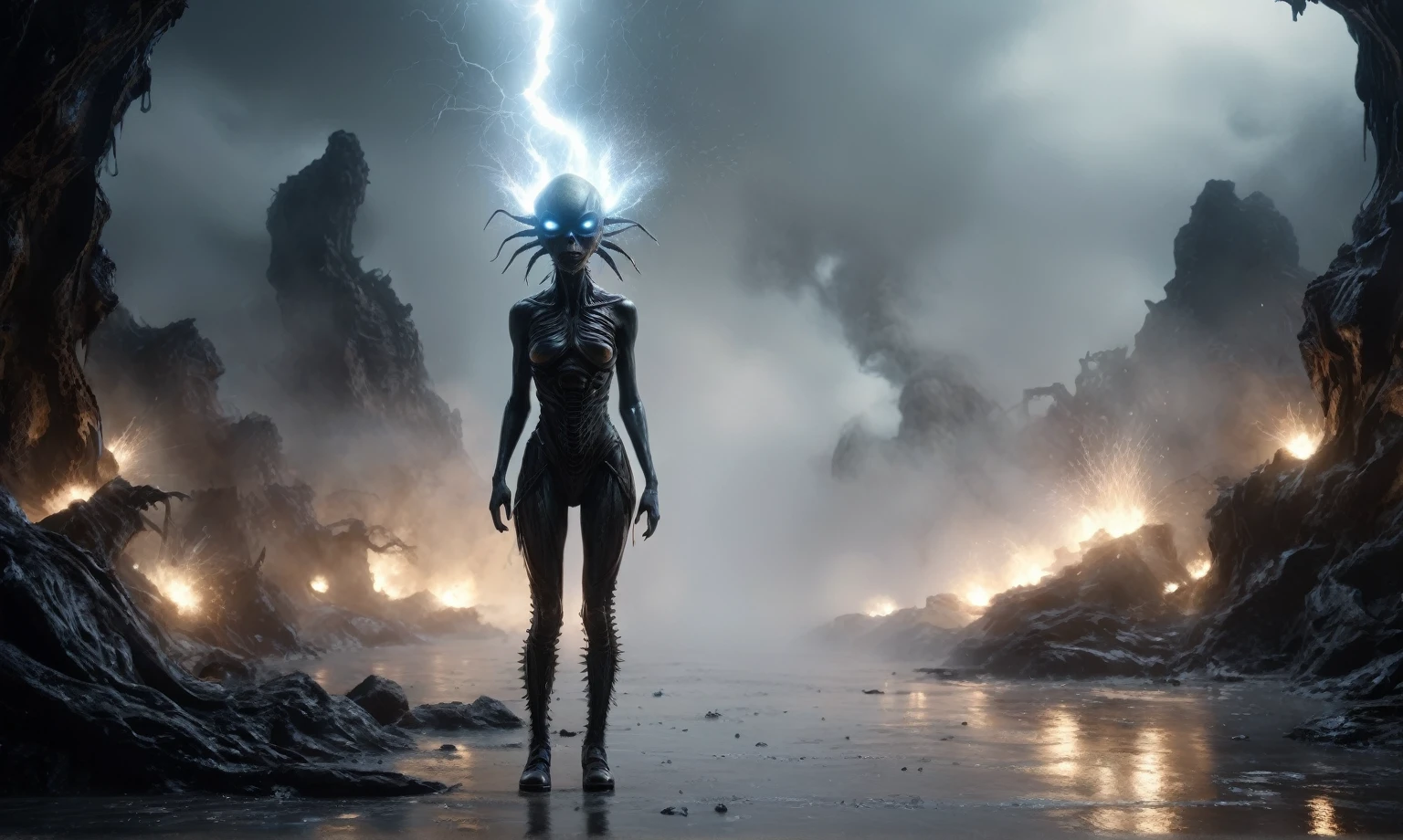 full body length,niobium goblin,native africa xenomorph,once pretty face,eyebrow up,full body shot,ominous landscape,niobium gray atmosphere,photo,photorealism,Masterpiece,natural skin textures, hyper realism,hyper detailed,High contrast,Realism,Ultra Detailed,irina yermolova,close full body shot,32K resolution,Nikon Z9, ,demonic, dust, smoke, audience, mist, featuring ultra-realistic and hyper-realistic elements,
Marta Bevacqua, Ellen Jewett, Kawacy, Katsuya Terada, Carne Griffiths, explosive lightning, sparks, concert lighting, bokeh, luminal space that feels
both bright and surreal. Includes liquid fluid elements for added depth and movement. Rendered in an unreal
engine and post-processed to achieve . Evokes a sense of dreamy, ethereal
and mystical mood,horror pixar movie still,thriller disney movie ,pixar render, animated