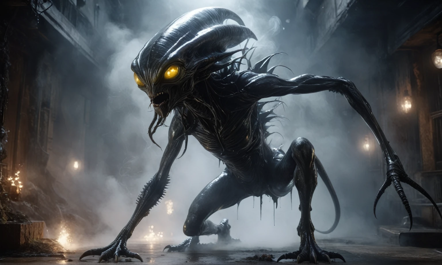 full body length,niobium goblin,native africa xenomorph,once pretty face,eyebrow up,full body shot,ominous landscape,niobium gray atmosphere,photo,photorealism,Masterpiece,natural skin textures, hyper realism,hyper detailed,High contrast,Realism,Ultra Detailed,irina yermolova,close full body shot,32K resolution,Nikon Z9, ,demonic, dust, smoke, audience, mist, featuring ultra-realistic and hyper-realistic elements,
  Marta Bevacqua, Ellen Jewett, Kawacy, Katsuya Terada, Carne Griffiths, explosive lightning, sparks, concert lighting,  bokeh,  luminal space that feels
 both bright and surreal. Includes liquid fluid elements for added depth and movement. Rendered in an unreal 
engine and post-processed to achieve . Evokes a sense of dreamy, ethereal 
and mystical mood,horror pixar movie still,thriller disney movie ,pixar render, animated 