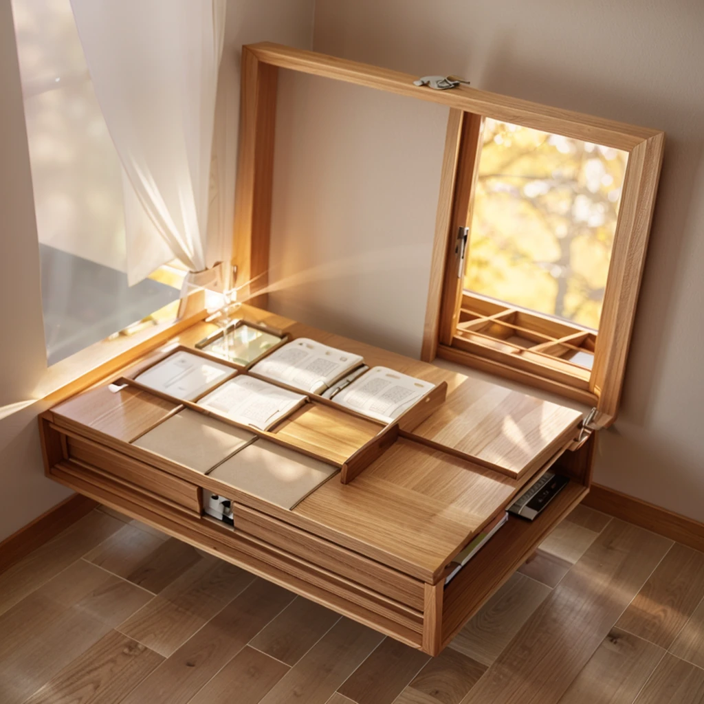 
In this cozy room，A ray of sunlight shone on the table through the half-drawn curtains，Let the wood grain on the watch storage case shine with a faint sheen。There is a calm and serene atmosphere in the surrounding air。Several still lifes hang on the walls of the room，It adds a touch of elegance to the space。And on the other side of the room，A half-open window lets the breeze blow in，The pages on the small desk by the window flipped in the wind，This quiet scene gives a sense of tranquility and comfort。