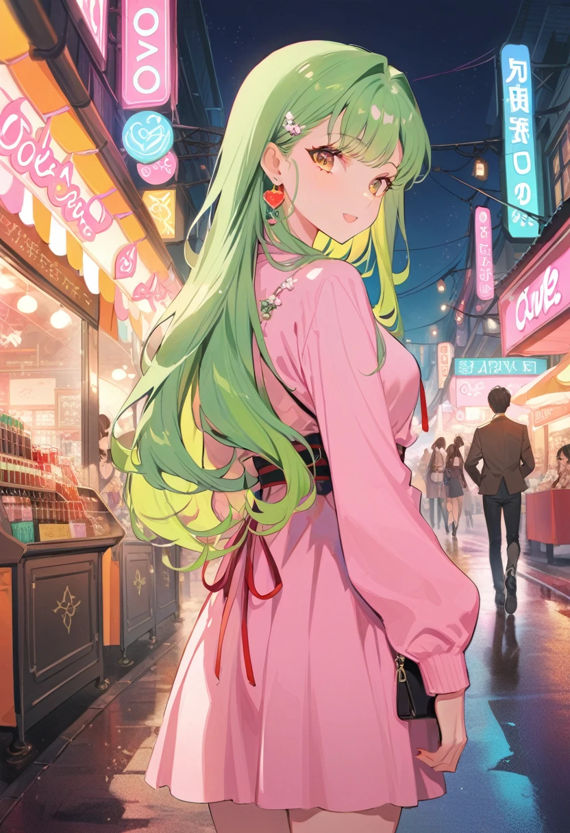 One girl,Taking a walk、Night Road、Stylish、In love, Green Hair, Long Hair, Retro costumes, , Hyper Pop, , Retro feel, overview, masterpiece, Highest quality,