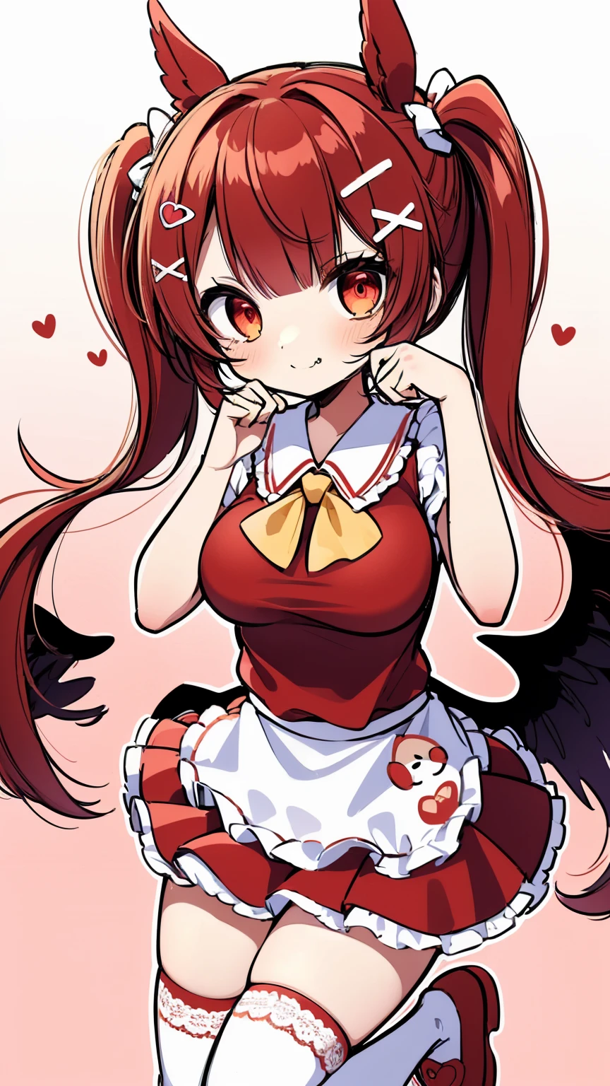 1girl, Loli, little girl, red hair, long twin tail, drill twin tail, red eyes, smile, open mouth, fang. hair bow,