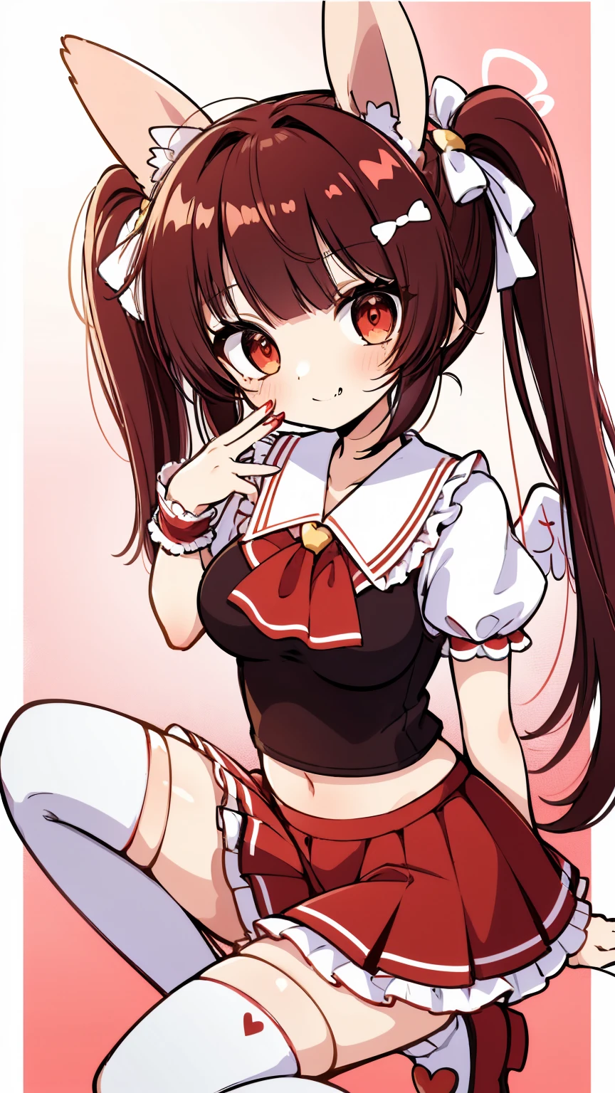 hbest quality, The ultra-Highres, 1girlhugebreasts, solo, Flemish scarlet, White soft cap, Red Hat bow, blone hair, side ponytails, red eyes, shinning eyes, fang, red tank top, shortsleeves, Fluffy sleeves, Yellow Ascot, Red frilled skirt, (Crystal wings:1.2), bobby socks, Mary Janes, redfootwear, laughingly, ((Shy and cute smile)), looking looking at viewer, facingfront, Upper body body, sportrait,The ultra-Highres,Best quality white stockings,Lace socks,Burpee socks,over knee socks,Exudes a cute and shy atmosphere,4K