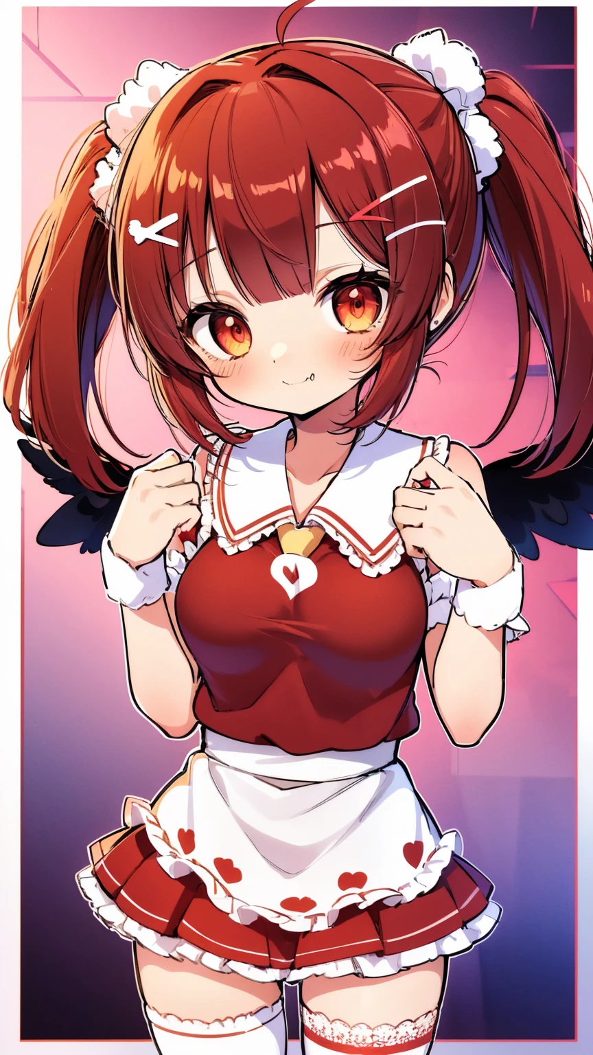 hbest quality, The ultra-Highres, 1girlhugebreasts, solo, Flemish scarlet, White soft cap, Red Hat bow, blone hair, side ponytails, red eyes, shinning eyes, fang, red tank top, shortsleeves, Fluffy sleeves, Yellow Ascot, Red frilled skirt, (Crystal wings:1.2), bobby socks, Mary Janes, redfootwear, laughingly, ((Shy and cute smile)), looking looking at viewer, facingfront, Upper body body, sportrait,The ultra-Highres,Best quality white stockings,Lace socks,Burpee socks,over knee socks,Exudes a cute and shy atmosphere,4K