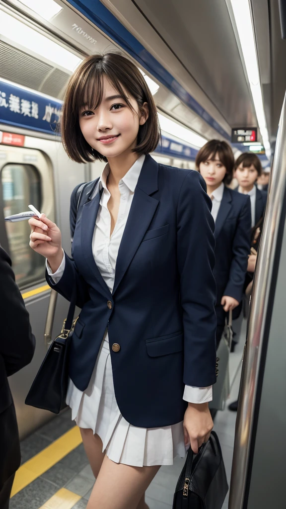 Highest quality, masterpiece, Ultra-high resolution, (reality: 1.4), Original photo, 1 female, mature, Smile, short hair, Plump body, , Cinema Lighting, high school girl、uniform、blazer、 Commuting Train、Crowded train、pack, Bouncing Breasts, equipped, strap between breasts, shoulder bag