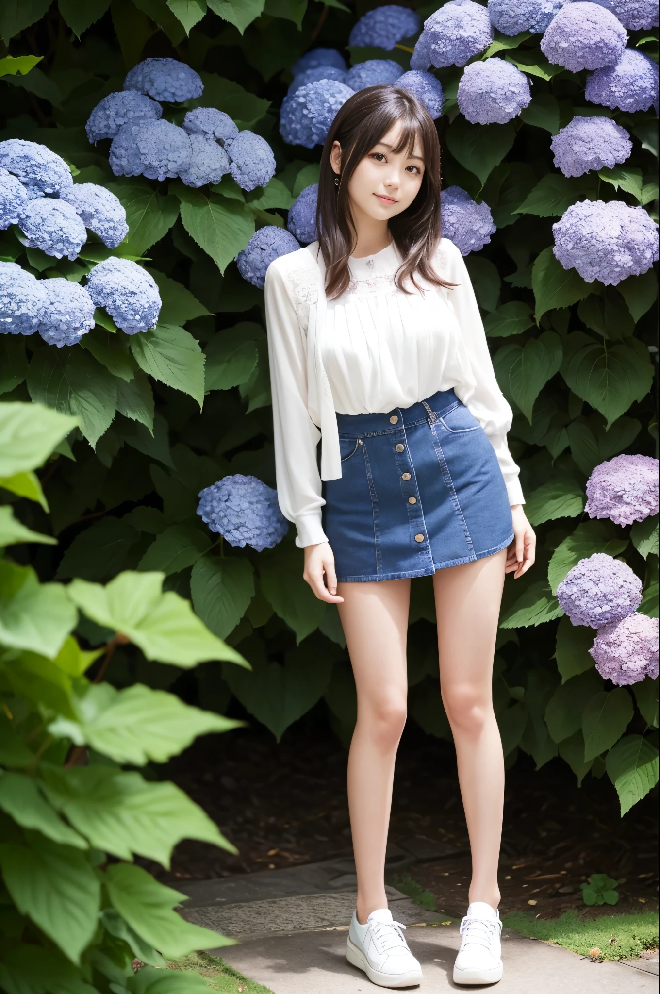 A 21-year-old girl wearing a miniskirt、In the hydrangea park。