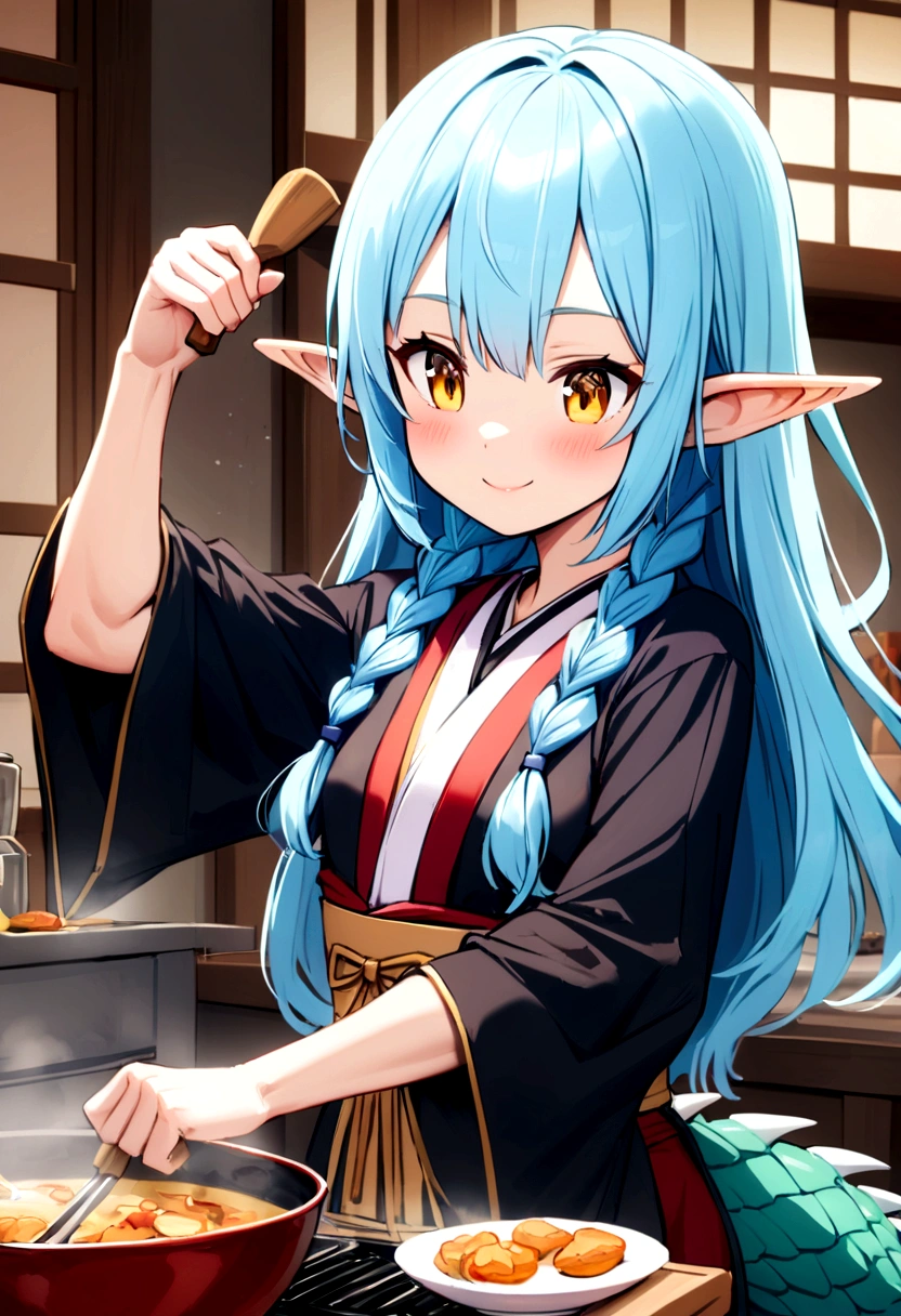 cute young girl, light blue hair, long hair, small braids hair, yellow eyes, dragon horn, dragon tail, elf ear, muscular body, small breast, sexy japanese outfit, cute pose, blushing, smile, cooking