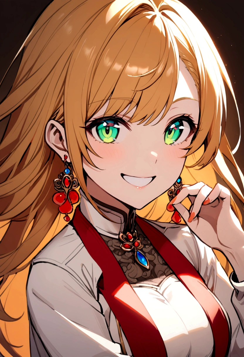 girl with long orange blonde hair, green eyes, red strap dress, white cropped jacket with a hint of blue, red earrings, energetic smile, teacher