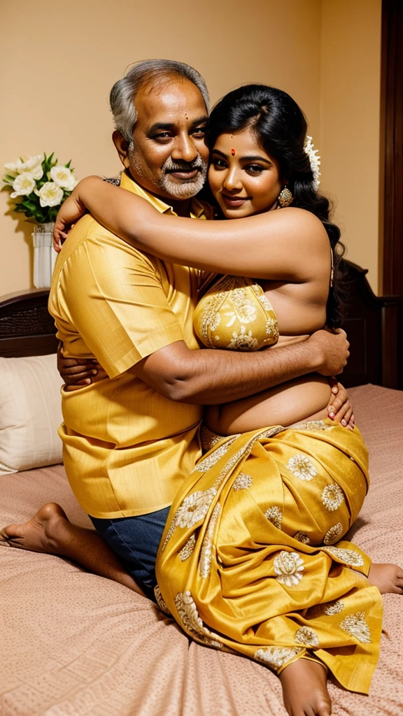 A radiant, full-figured South Indian 25 year old girl wearing a white flower printed golden colour saree tenderly hugging a jubilant 50-year-old man while laying on bed, captured in a full-body image with vibrant hues and meticulous details. Full body image