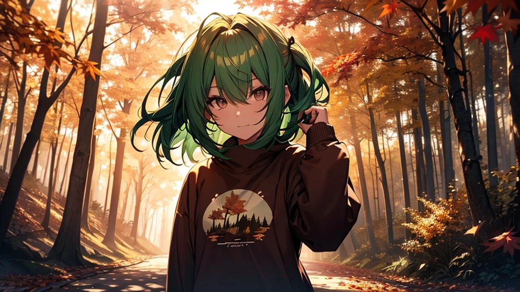 a girl with green hair, violet sweatshirt, autumn forest, perfect brown eyes, cinematic lighting, expression of joy, work of art, ultra definition, falling autumn leaves, half-length focus, pose on a corner of the image