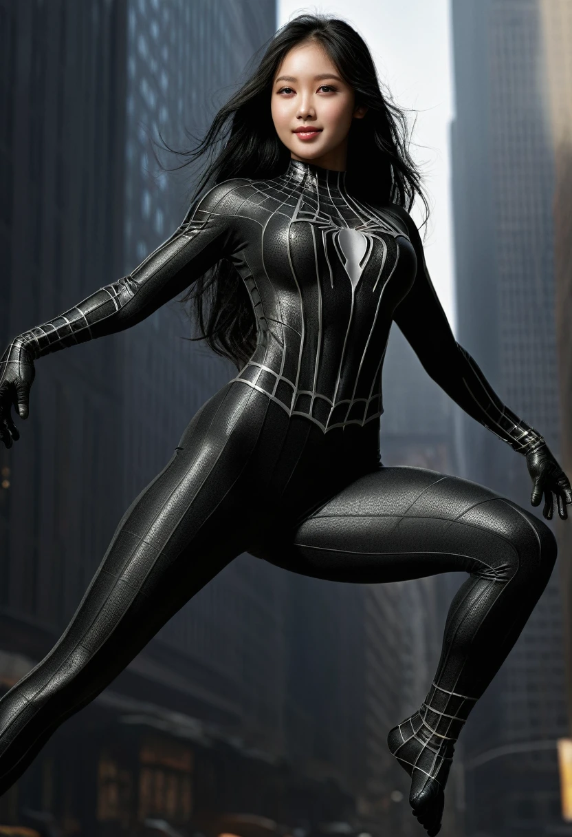 score_9, score_8_up, score_7_up, best quality, realistic, masterpiece, beautiful detail, hyperrealistic, woman ((1girl, woman body, big breasts)), amazing detailed full body portrait of a beautiful ulzzang girl, black hair, smiling, wearing a realistic and highly detailed black raimi spider-man suit, ((huge muscular girl)), (dancing), suit covered entire body and hand, black spiderman gloves, (full body), (dirty skin), close up, octane render, highly detailed, volumetric, dramatic lighting, (highest quality:1.1), (HDR:1.3), (top quality, best quality), realistic, high definition,
