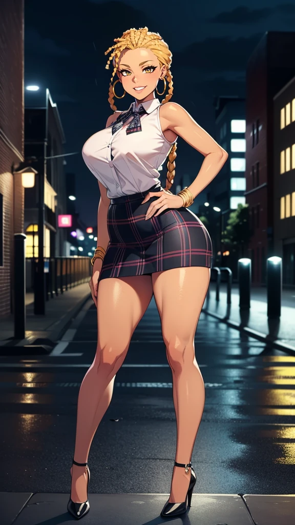 4K Quality, grinning, (sexy pose), ((full body black plaid skirt)) standing up, ((black braids)), dark skinned, thick thighs, big breasted, big ass, looking at viewer, ((amber eyes)), ((night time)), ((bedroom eyes)), full body, (city background), (after the rain), perfect face, perfect body, perfect eyes, full lips, ((hoop earrings)), (vibrant background)