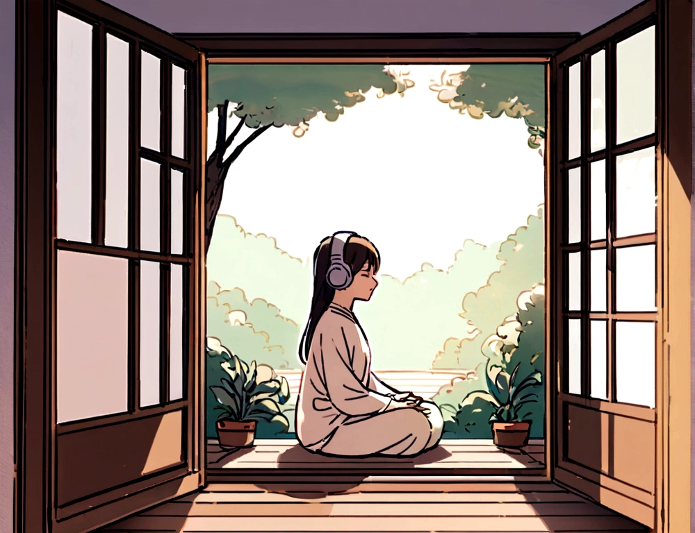 Girl wearing headphones, To meditation, Opening a window, Bedroom, Quiet atmosphere, Soft sunlight, Cozy atmosphere, Relaxing Music, Calm expression, close your eyes, Comfortable seats, Wooden floor, Floral curtains, Green plants, Natural Breeze, Calm atmosphere, Soft Light, Quiet environment, still, Harmony, Peace of mind, Deep relaxation, Calm colors, Positive Energy, Mindfulness, Lonely, Introspective, Inner journey, peaceful, Escape from the outside world