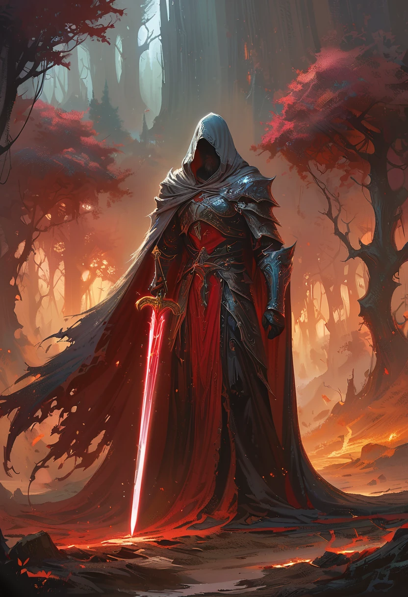 a man in a cloak holding a sword in a dark black and Red forest, hold sword in the forest, Glowing sword (Red),dark fantasy style art, Dark Fantasy Artwork, 8k fantasy art, dark fantasy style, fantasy art 4k, Epic Fantasy Art Style HD, Dark Fantasy Art, Dark fantasy concept art, Epic fantasy digital art style, in style of Dark Fantasy Art, Glowing sword in hand