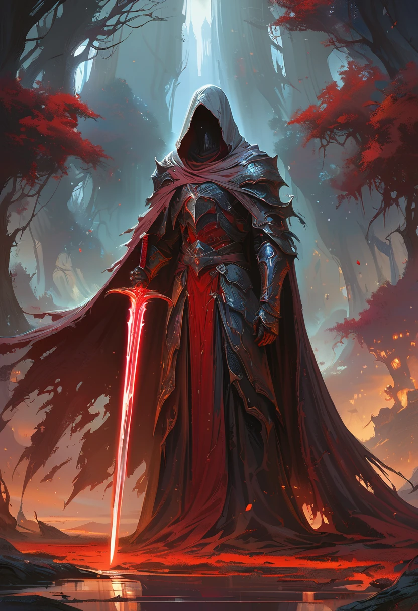 a man in a cloak holding a sword in a dark black and Red forest, hold sword in the forest, Glowing sword (Red),dark fantasy style art, Dark Fantasy Artwork, 8k fantasy art, dark fantasy style, fantasy art 4k, Epic Fantasy Art Style HD, Dark Fantasy Art, Dark fantasy concept art, Epic fantasy digital art style, in style of Dark Fantasy Art, Glowing sword in hand
