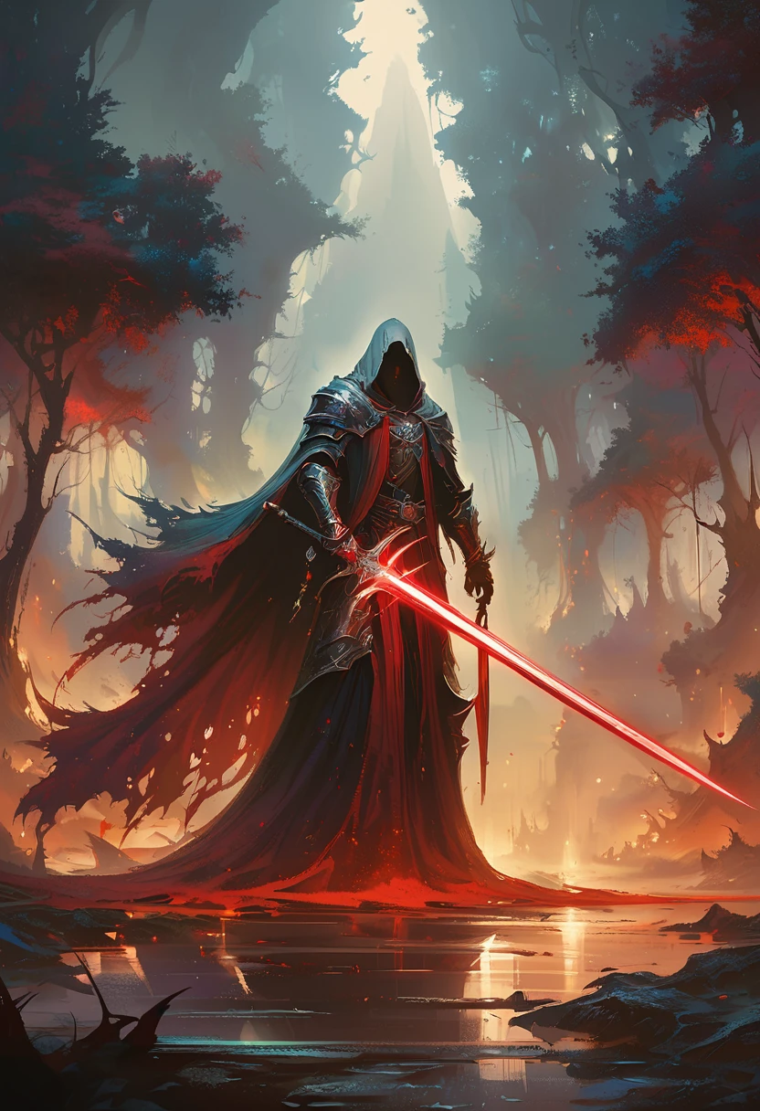 a man in a cloak holding a sword in a dark black and Red forest, hold sword in the forest, Glowing sword (Red),dark fantasy style art, Dark Fantasy Artwork, 8k fantasy art, dark fantasy style, fantasy art 4k, Epic Fantasy Art Style HD, Dark Fantasy Art, Dark fantasy concept art, Epic fantasy digital art style, in style of Dark Fantasy Art, Glowing sword in hand