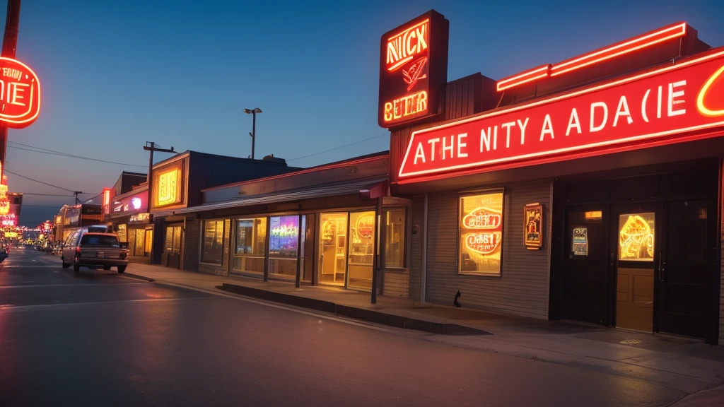 full body photo，((masterpiece, highest quality, Highest image quality, High resolution, photorealistic, Raw photo, 8K)), arafed view of a motel with aDirty alleys in the suburbs, with red neon signs, A beautiful prostitute waiting for a guest in front of a Alley, seduction,stockings，Sexy vest， short dress and high heels, route 6 6, neon signs, 1 9 9 0 s americana tourism, some have neon signs, neon lights outside, neon advertisements, gigantic neon signs, neon shops, by Arnie Swekel, few neon signs, neon signs in background, k, (upper body Close up shot), Ray Tracing CG Unity 8k walpaper, (Detailed Dress), (Detailed body), (detailed skin),