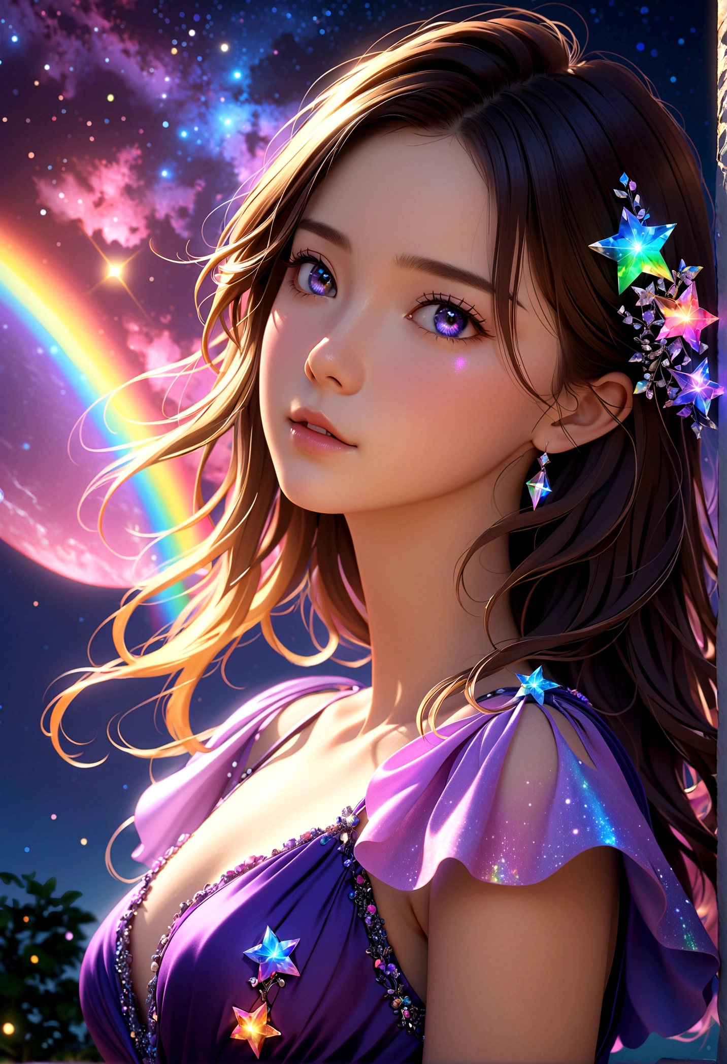 masterpiece, Cute girl, Break, Purple evening dress, High detail face, Upper Body, glare, Rainbow Colors, Global Illumination, Soft Light, Light of Dreams, number, 8K Close-up, fantasy, Night Sky, Star, nebula, White crystal, moonlight, peaceful, summer, (8K:1.1)