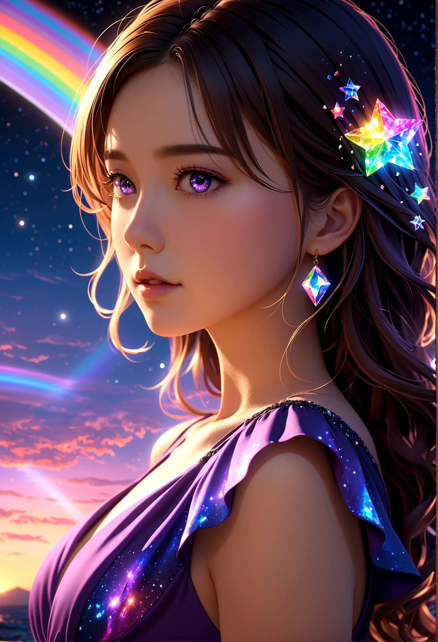 masterpiece, Cute girl, Break, Purple evening dress, High detail face, Upper Body, glare, Rainbow Colors, Global Illumination, Soft Light, Light of Dreams, number, 8K Close-up, fantasy, Night Sky, Star, nebula, White crystal, moonlight, peaceful, summer, (8K:1.1)