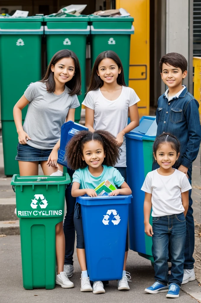 Generates an image of 2 girls and a boy holding recycling bins 