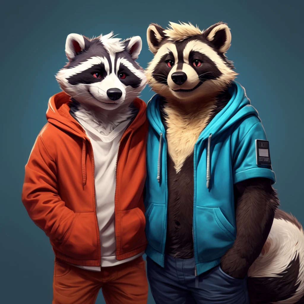 (raccoon,skunk),duo,simple background,smartphone,looking at viewer,blue hoodie,[red|yellow] jacket, by donkeyramen, wfa,by 𝙔𝙪𝙣. (@YUNbucai)