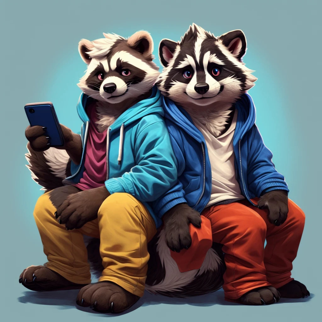 (raccoon,skunk),duo,simple background,smartphone,looking at viewer,blue hoodie,[red|yellow] jacket, by donkeyramen, wfa,by 𝙔𝙪𝙣. (@YUNbucai)