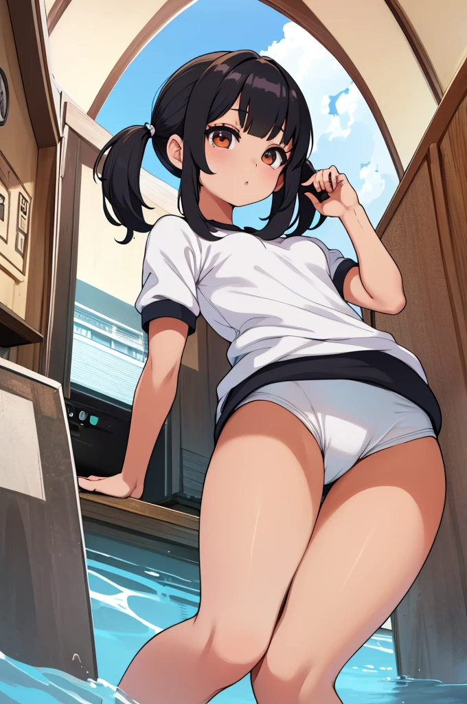 High quality、Realistic photos、Masterpiece、Chibi T-shirt、Beautiful white beach、One cute girl、、((Short Twin Tails))、(Petite Girls)、Healthy tan、(Brown Skin)、
blue buruma、The scenery reflected in my eyes、Focus on the eyes、Fisheye Lens、Black Hair、