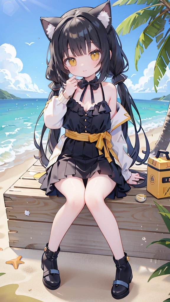 anime girl sitting on the beach with her cat ears up, At the beach, At the beach上,stand,on the beach,shy, seductive anime girl,photo poses,black hair,Yellow eyes, At the beach, in the sea, on a sunny beach, At the beach上, in the seaside,Wearing strappy heels,Black mini skirt,beautiful legs