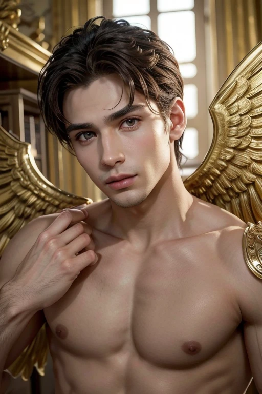 Homem romano realista beleza masculina nariz fino labios carnudos queixo qyadrado diamante. With angel wings on golden heads