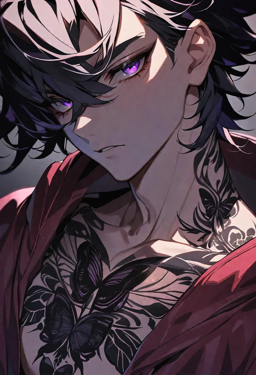 solo, handsome, Glossy feel,
1. male,
bangs,Straight Hair, ponytail,
black hair,
Izuku Midoriya,
purple Eyes,Soft look,beautiful,beautiful,Sexy,Darkness,butterfly Tattoo,Black Rose Tattoo,
red hoodie,clavicle,
skin,Black Rose,Alluring,
black background,Close-up,