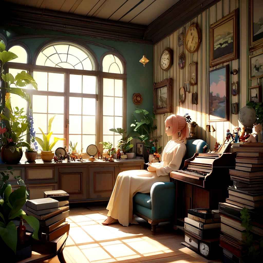A calm lo-fi girl sitting by a window with soft sunlight streaming in, Immerse yourself in music, A vintage room filled with records and plants, Evokes a sense of nostalgia and relaxation, figure, Digital Art, --16 pieces:9-5 o'clock